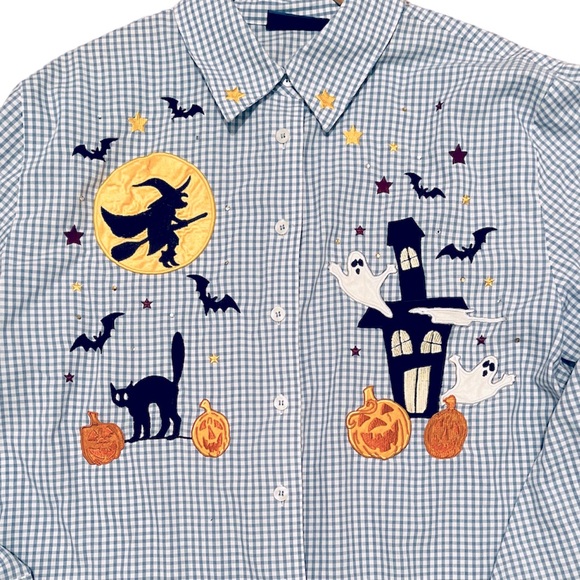 Halloween plaid long sleeve top Jack o lanterns Full Moon Witch Cat - Picture 2 of 3